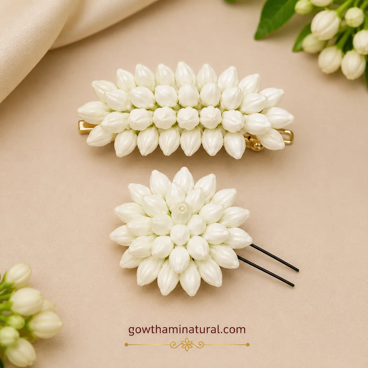 White Jasmine Artificial Flower Pin & Hair Clip Set by Gowthami Natural