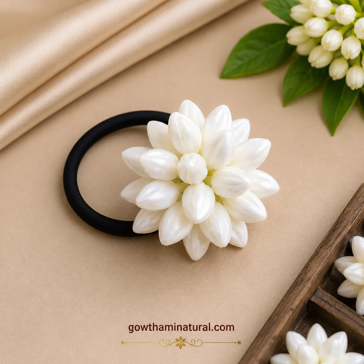 White Artificial Malli Poo Hair Band by Gowthami Natural