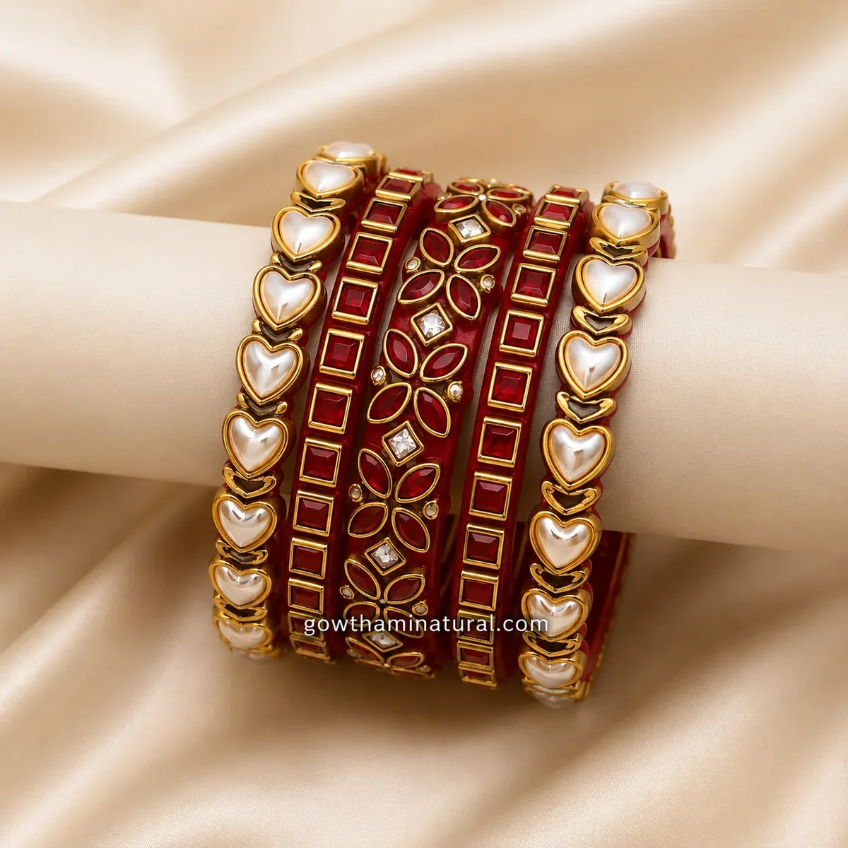 Ruby Red Designer Stone Work Bangle Set by Gowthami Natural