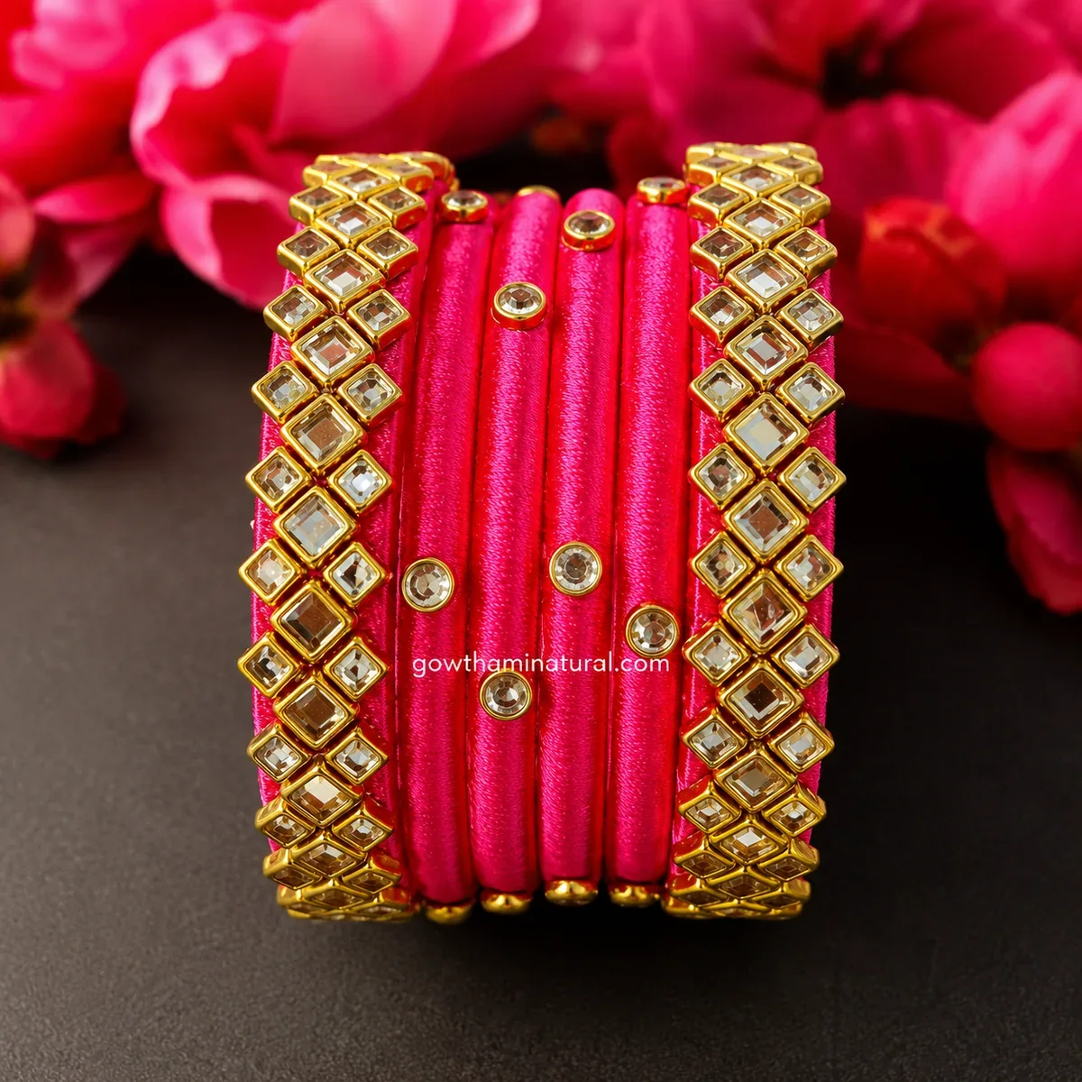 Rani Pink Thread Stone Work Bangle Set by Gowthami Natural