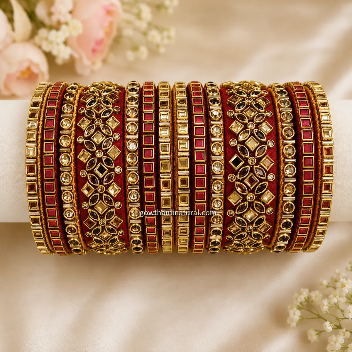 Maroon Bridal Stone Work Bangle Set by Gowthami Natural