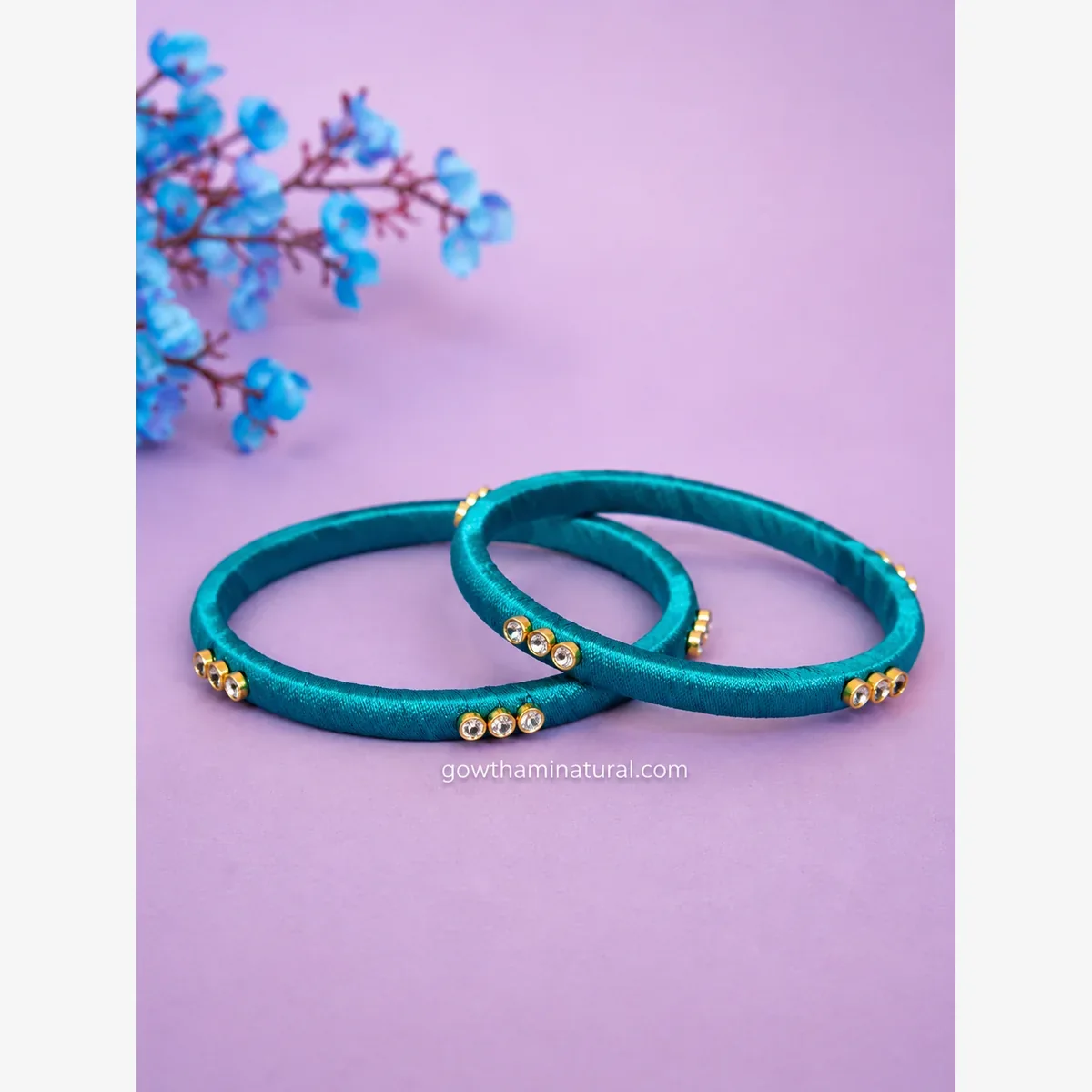 Teal Blue Thread Stone Bangle Set by Gowthami Natural